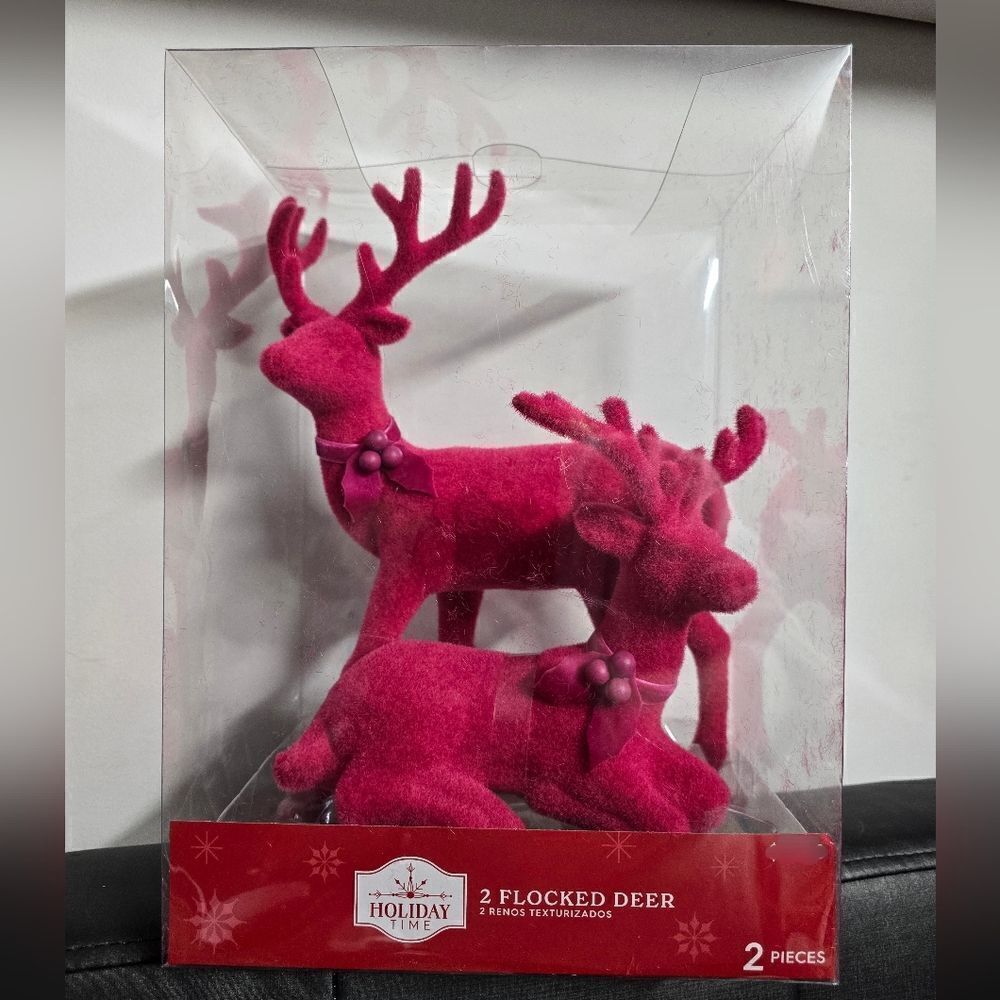 Nib Flocked Deer Christmas Tabletop Decorations, Pink, 12 inch, 2 Pack.
